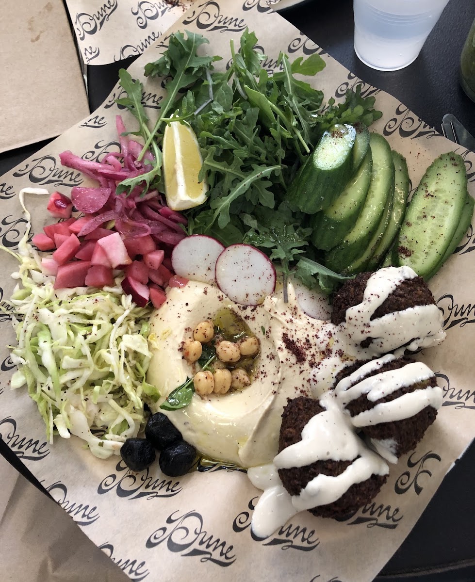 Falafel plate, sub cucumbers for pita