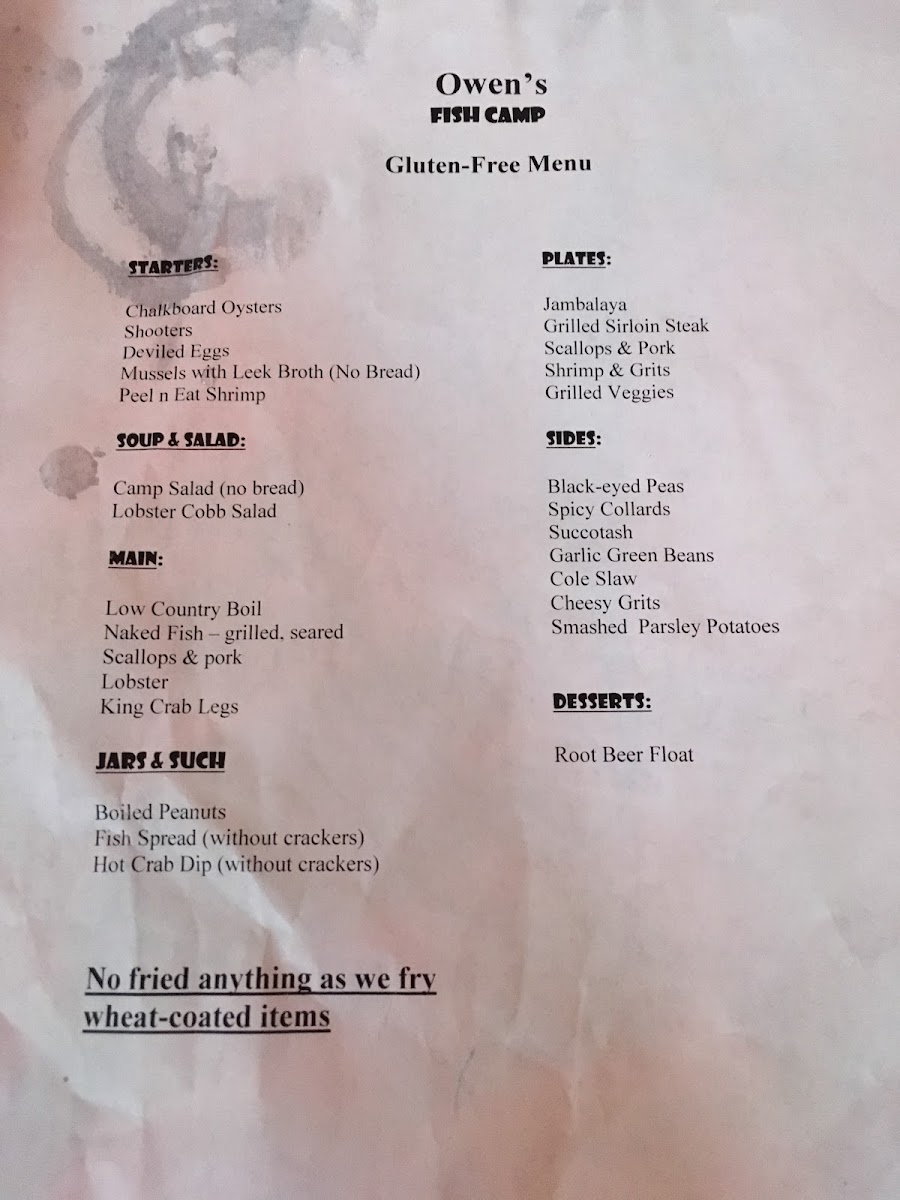 Owen's Fish Camp gluten-free menu