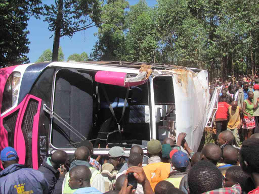 The scene of the accident in Kisii that involved the St Mary’s Nyamagwa Girls Secondary School bus, August 12, 2016. /BENSON NYAGESIBA
