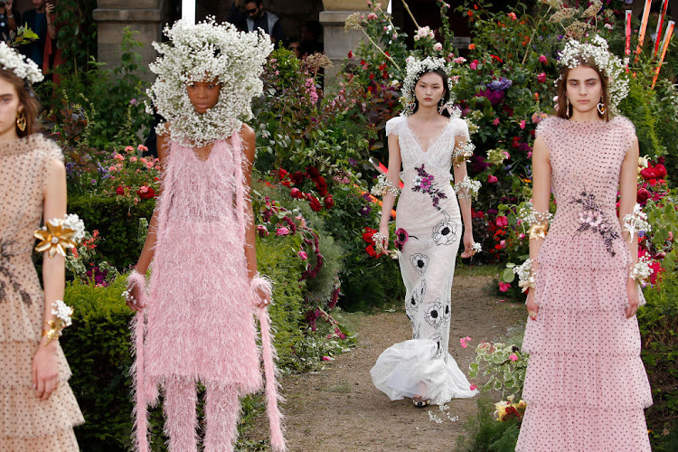 Flower crowns featured heavily in the Rodarte show on July 2, 2017, at Haute Couture Paris Fashion Week in France.