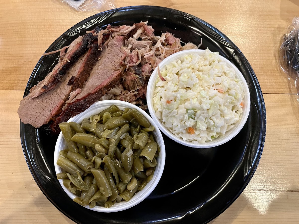 Two meat sampler - brisket and pulled pork - with cole slaw and green beans