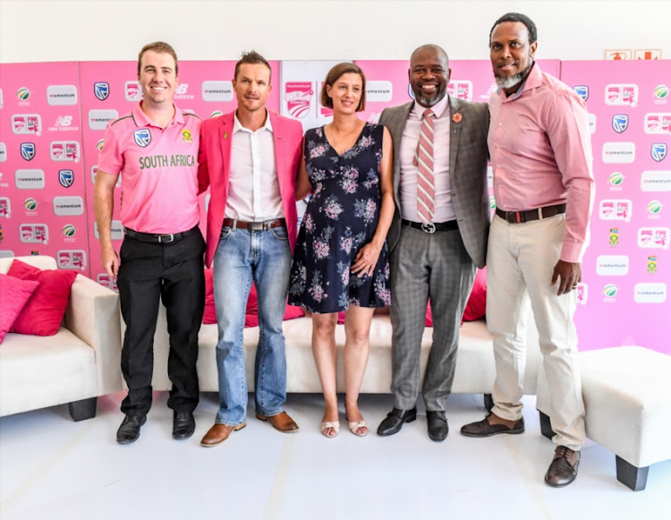 Barry Hilton of GCB, Carel Bosman of Momentum, Dr Sarah Nietz of Charlotte Maxeke hospital, Thabang Moroe (CEO) of Cricket South Africa and Brian Baloyi, football legend who is the ambassador for Pink Day during the Momentum Pink Day launch at Bidvest Wanderers Stadium on January 16, 2019 in Johannesburg, South Africa.