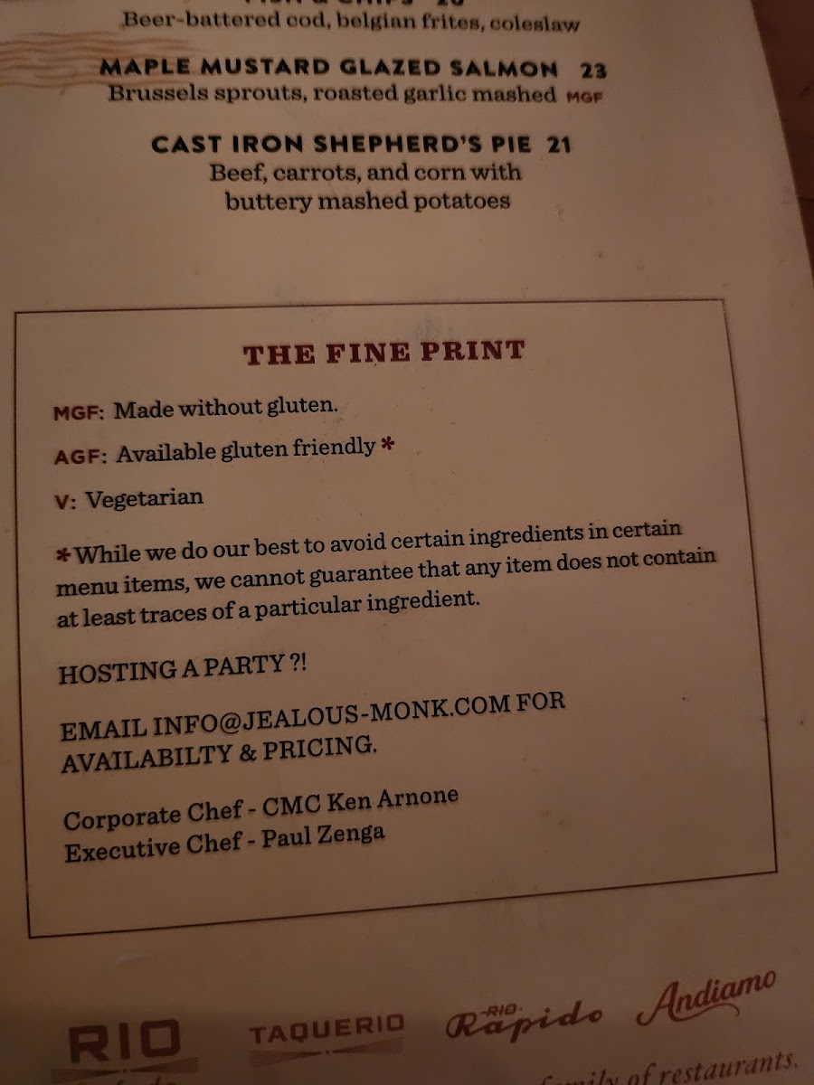 Jealous Monk gluten-free menu