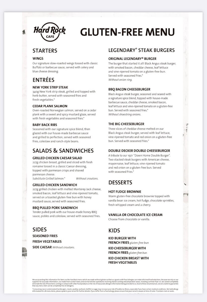 Hard Rock Cafe gluten-free menu