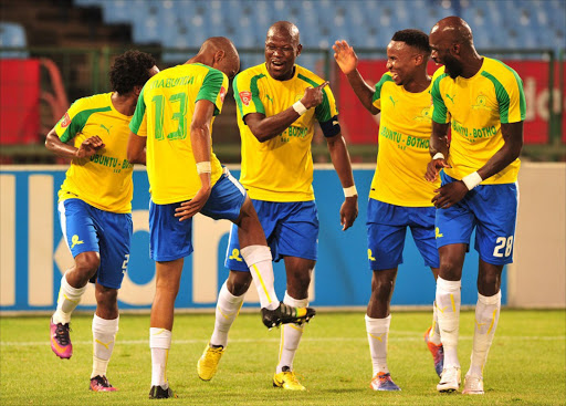 Sundowns players celebrate a goal.