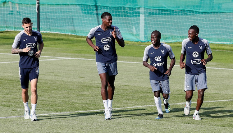 France's Lucas Hernandez, Paul Pogba, N'Golo Kante and Blaise Matuidi during training.