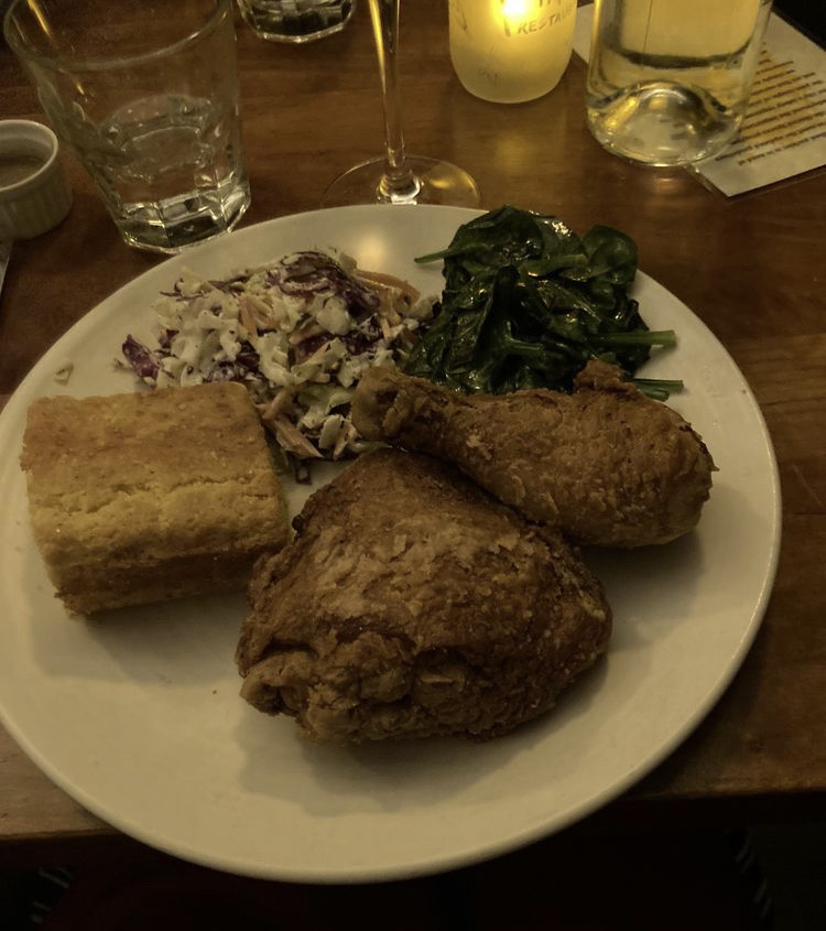 Fried chicken, radish slaw, cornbread, replaced mashed potatoes with spinach (all gf)