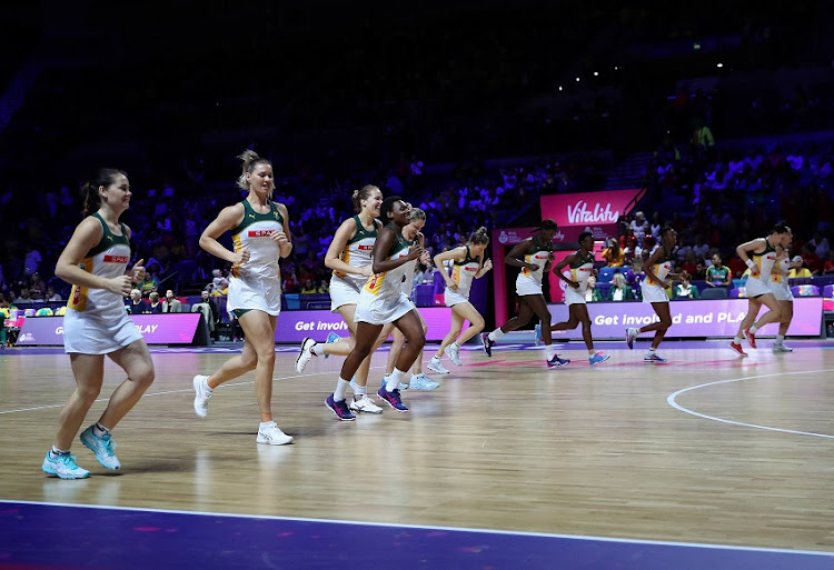 The SPAR Proteas netball team warming up during the Vitality Netball World Cup Semi final match between Australia and South Africa at M&S Bank Arena on July 20, 2019 in Liverpool, England.