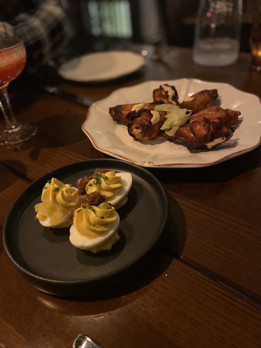 Smoked chicken wings and deviled eggs