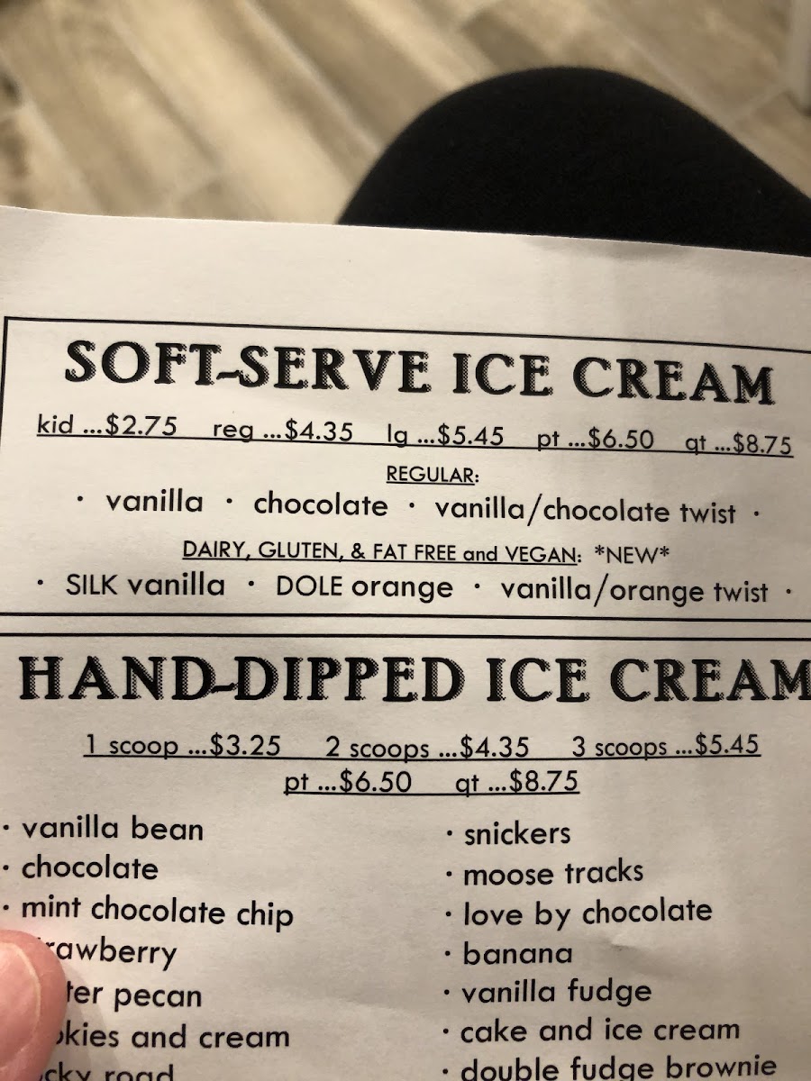 Marita's Homemade Ice Cream gluten-free menu