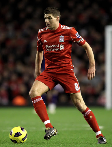 Steven Gerrard of Liverpool in action during the Barclays Premier League match between Liverpool and Fulham at Anfield on January 26, 2011 in Liverpool, England
