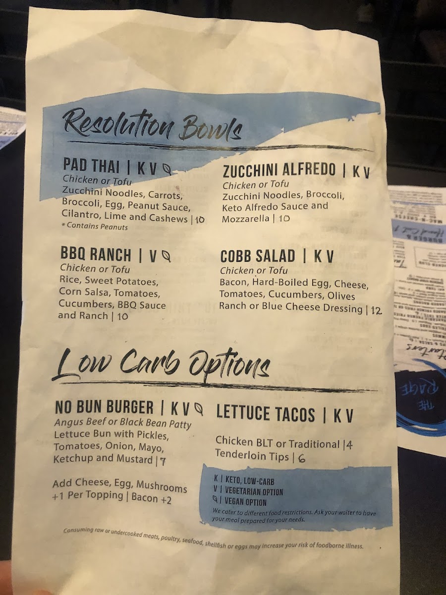 The Rage gluten-free menu