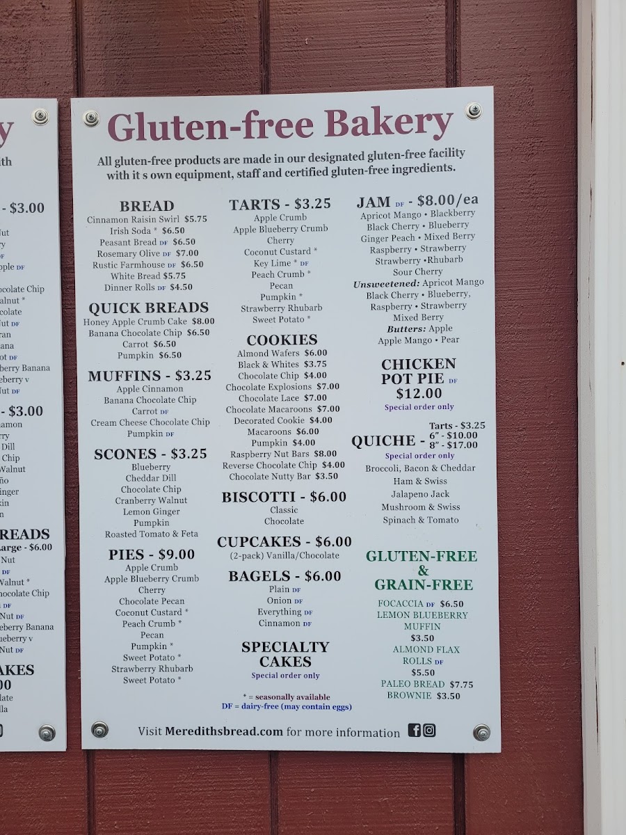 Meredith's Bread gluten-free menu