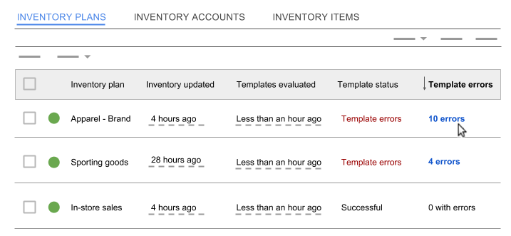 Sort inventory plans by the Template errors column.