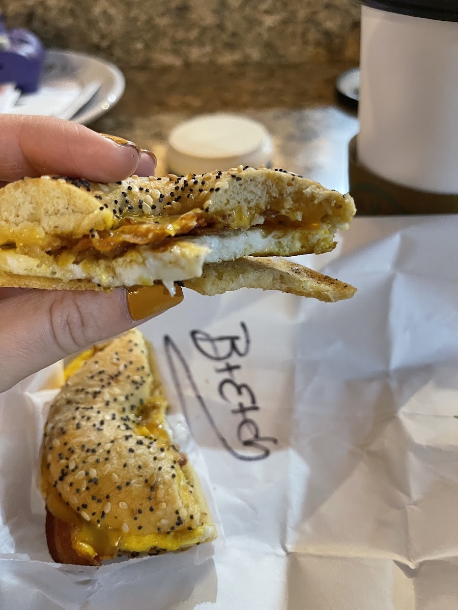 Bacon, egg, and cheese on gf everything bagel