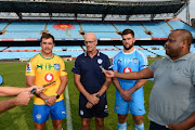 Burger Odendaal, John Mitchell (Bulls Coach) and Nic de Jager of the Bulls during the Vodacom Bulls Squad Announcement at Loftus Versfeld on January 22, 2018 in Pretoria.