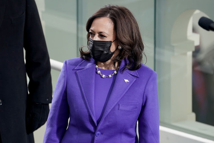 US Vice-President Kamala Harris wore an outfit by Christopher John Rogers during the 59th presidential inauguration on January 20 2021 in Washington, DC.