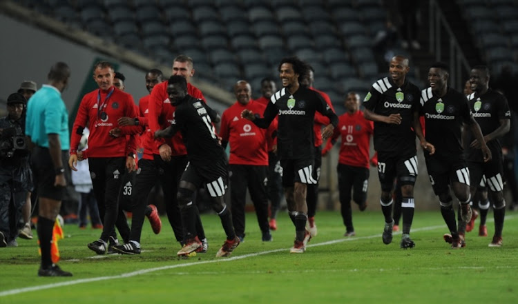 Bernard Morrison of Pirates celebrating his second goal with team mates during the Nedbank Cup Last 32 match between Orlando Pirates and Ajax Cape Town at Orlando Stadium on February 10, 2018 in Johannesburg.