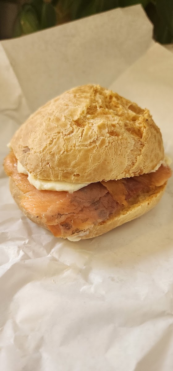 Salmon & Brazilian cream cheese cheese bread sandwich. $8.75 November 2023
