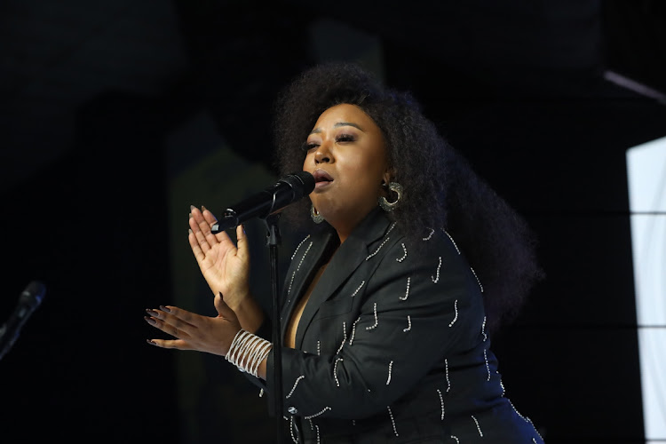 Brenda Mtambo sings at Zahara’s memorial at Rhema Bible Church.