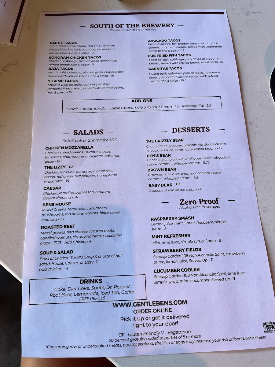 Gentle Ben's Brewing gluten-free menu