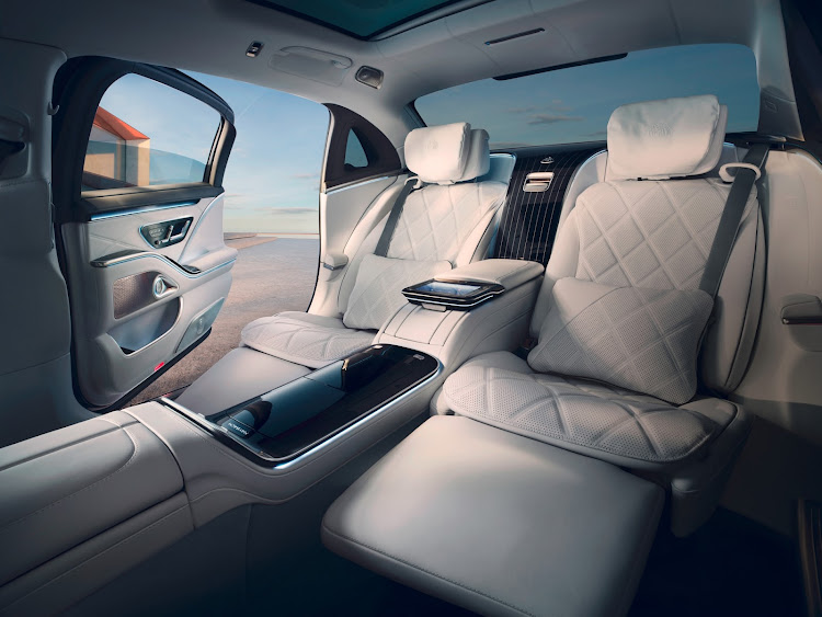 The Mercedes-Maybach S-Class boasts seat belt feeders and calf massagers in the rear seats. Picture: Supplied/Mercedes-Benz