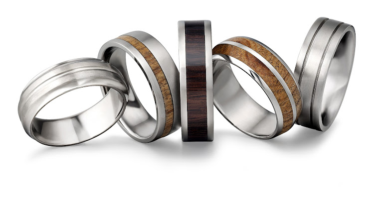 Titanium bands from left: R1,199 , R2,999 , R2,999 , R3,199 and R1,199, all Arthur Kaplan.
