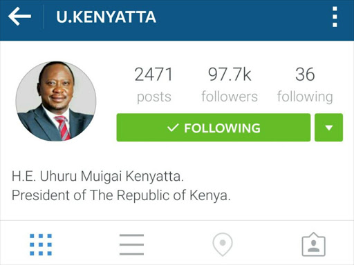 A screenshot of President Uhuru Kenyatta's Instagram account, taken on February 19, 2016.