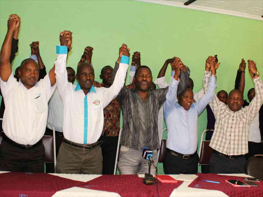 Members of the KUSU National Governing Council during their press conference in Nakuru, July 1, 2017. /RITA DAMARY