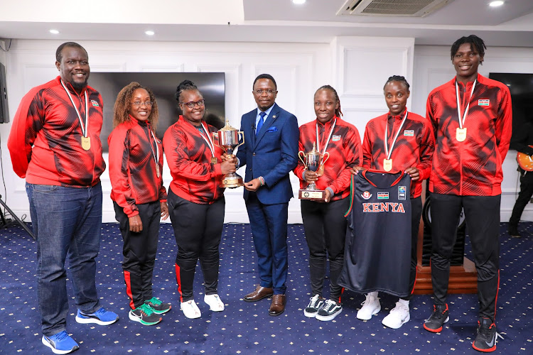 Sports Cabinet Scereatry Ababu Namwamba with Kenya 3x3 basketball women team