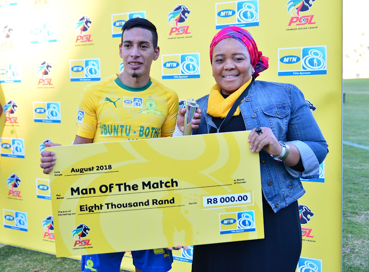 Mamelodi Sundowns midfielder Gaston Sirino receives his man of the match award after the MTN8 2-0 quarterfinal match against Lamontville Golden Arrows at Lucas Moripe Stadium, Pretoria on August 11 2018.