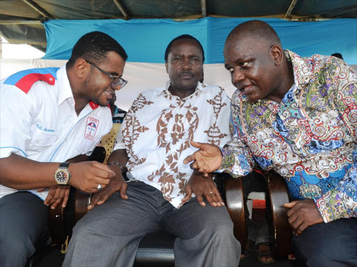 Mombasa Senator Hassan Omar, Wiper leader Kalonzo Musyoka and Nyali MP Hezron Awiti at a past function. /FILE