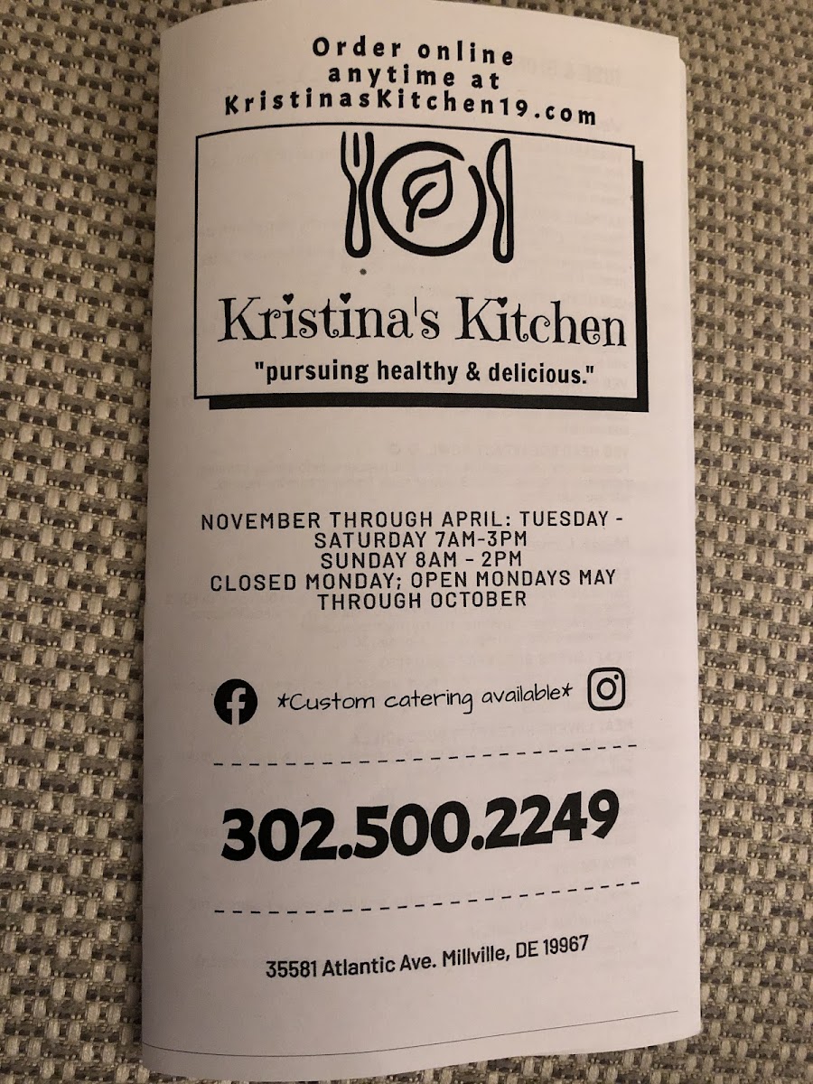 Kristina’s Kitchen gluten-free menu