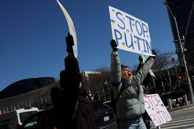 Protestors demonstrate outside UN headquarters in New York, the US, February 28 2022. Picture: MIKE SEGAR/REUTERS