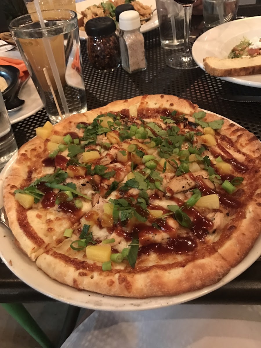 Gf barbecue chicken pizza with pineapple added. The crust was amazing!