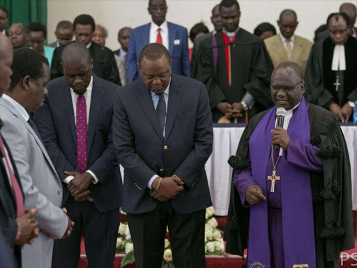 President Uhuru Kenyatta and Nairobi senator Johnson Sakaja at St Andrews PCEA on Sunday, October 21, 2018. /COURTESY