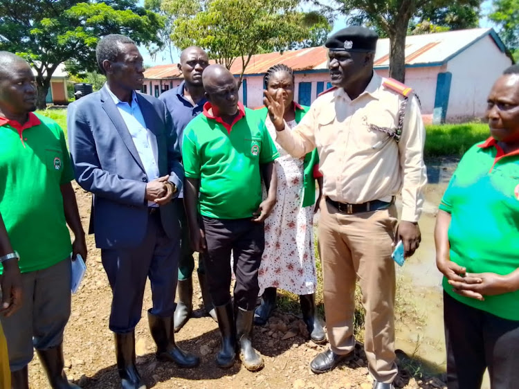 Kenya National Union of Teachers Secretary General Collins Oyuu during the assessment tour of schools in Nyando subcounty, Kisumu county on the affected schools.