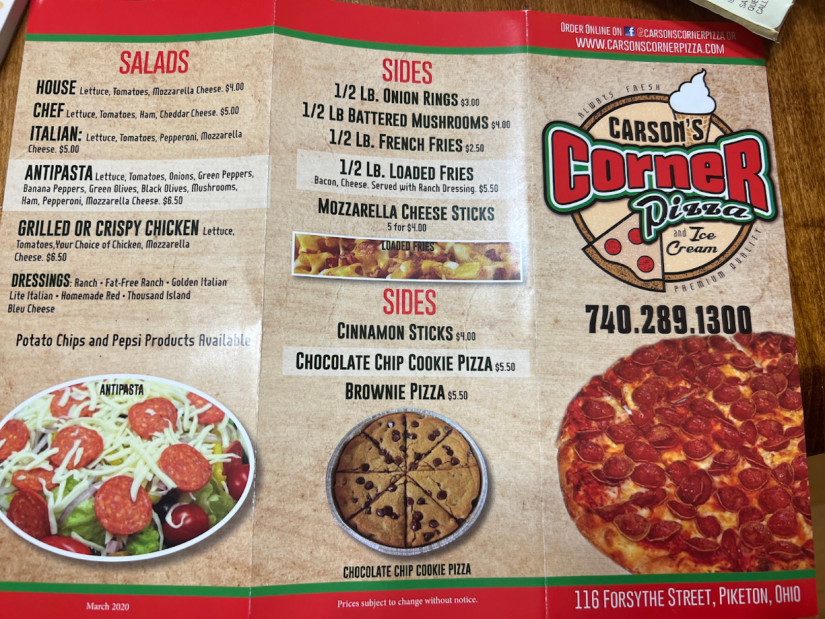 Carson’s Corner Pizza gluten-free menu