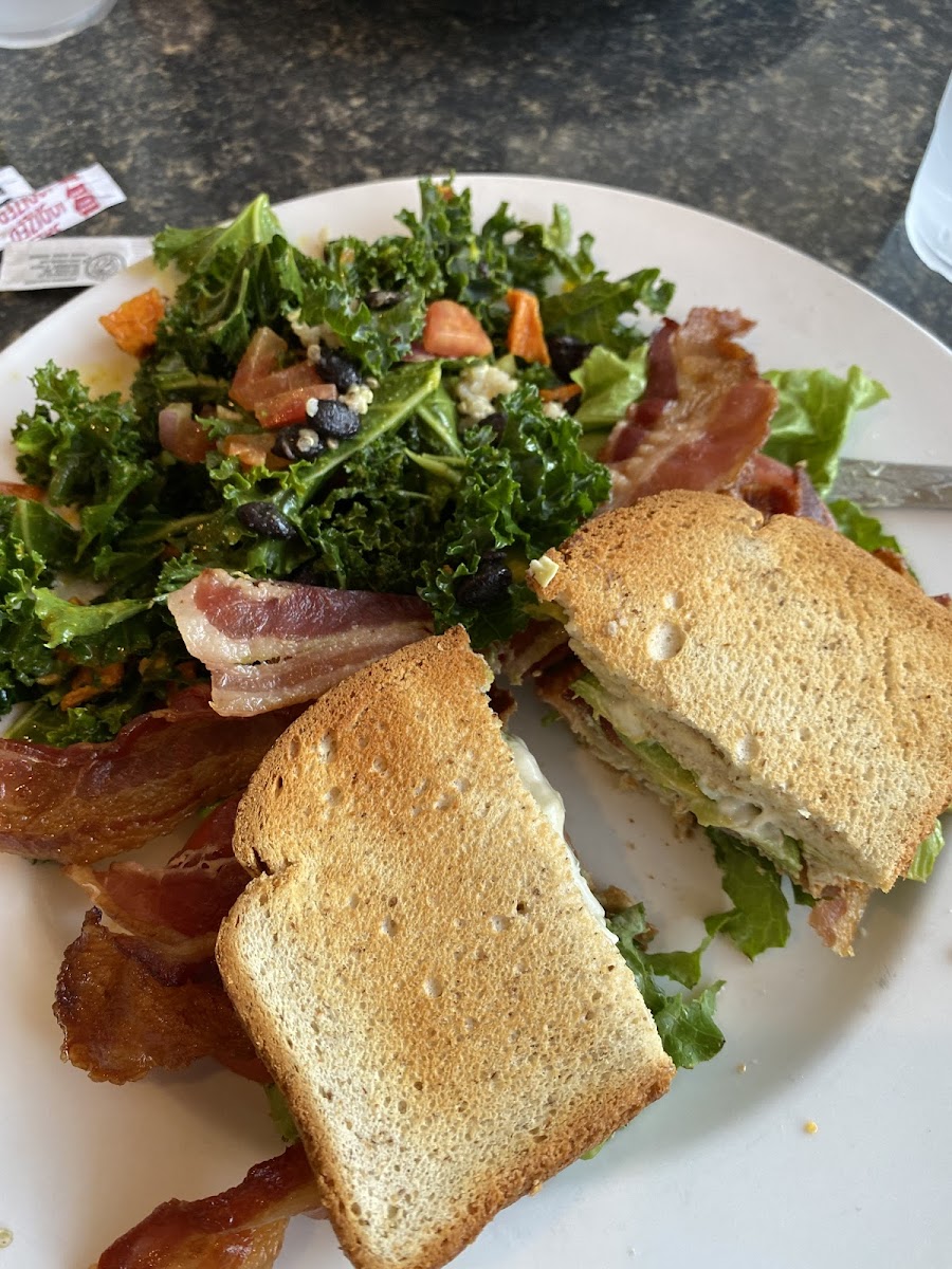 BLT sandwich with avocado on gluten-free bread. Kale salad. I didn't really like the kale salad, the kale was really tough and the dressing was too acidic.