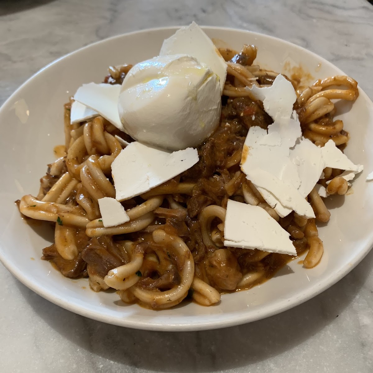 Lamb ragu with their homemade GF pasta, and buratta added.