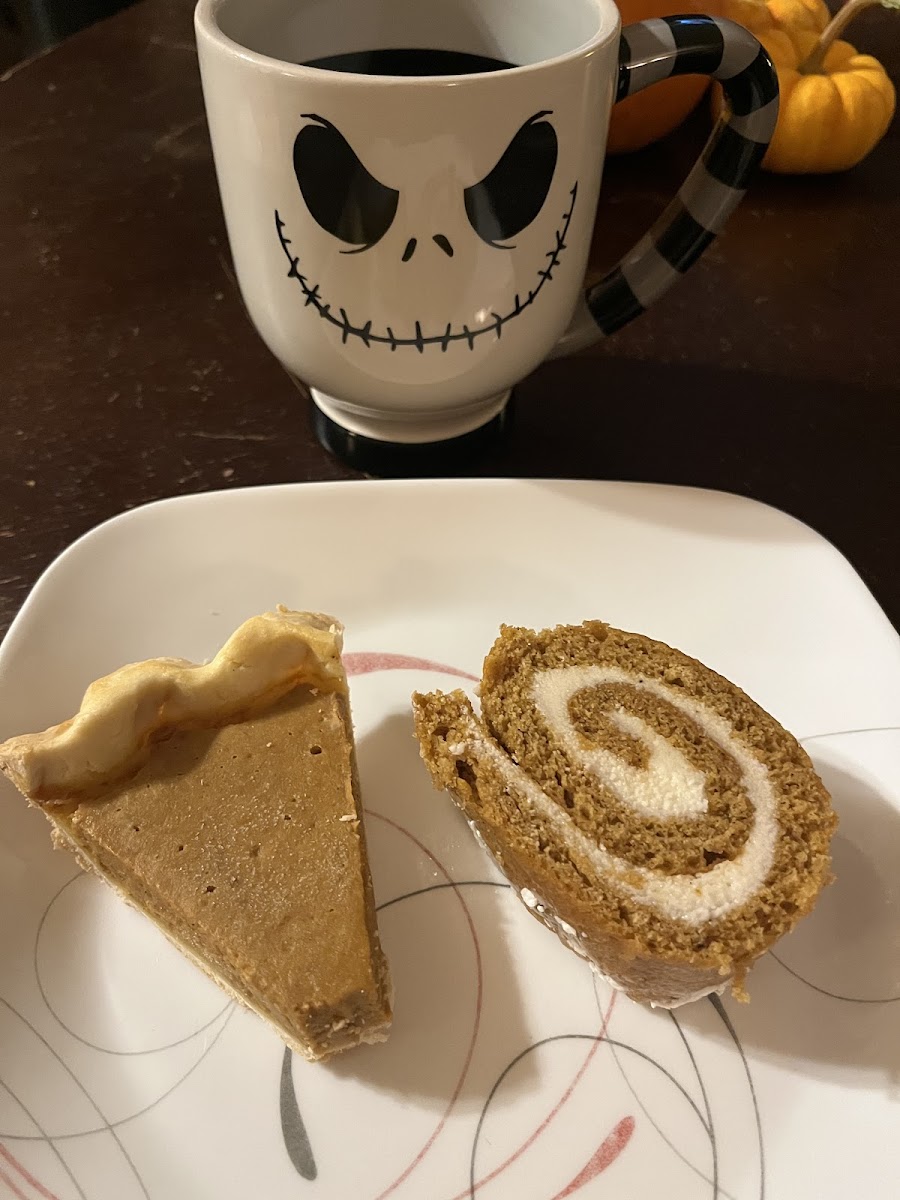 Pumpkin pie and a piece of pumpkin roll!