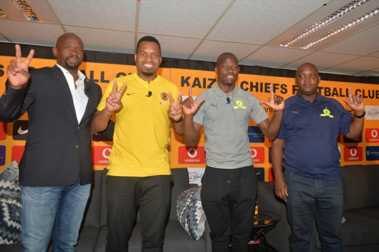 (FROM left to RIGHT): Kaizer chiefs head coach Steve Komphela , Chiefs goalkeeper Itumeleng Khune, Mamelodi Sundowns' captain Hlompho Kekana and Sundowns head caoch Pitso Mosimane during a joint press conference at Medshield Offices on January 24, 2018 in Johannesburg, South Africa.