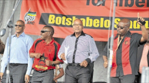 PARTNERS: President Jacob Zuma is flanked by Free State premier Ace Magashule, left, and SACP general secretary Blade Nzimande and Cosatu president Sdumo Dlamini. Photo: Kopano Tlape