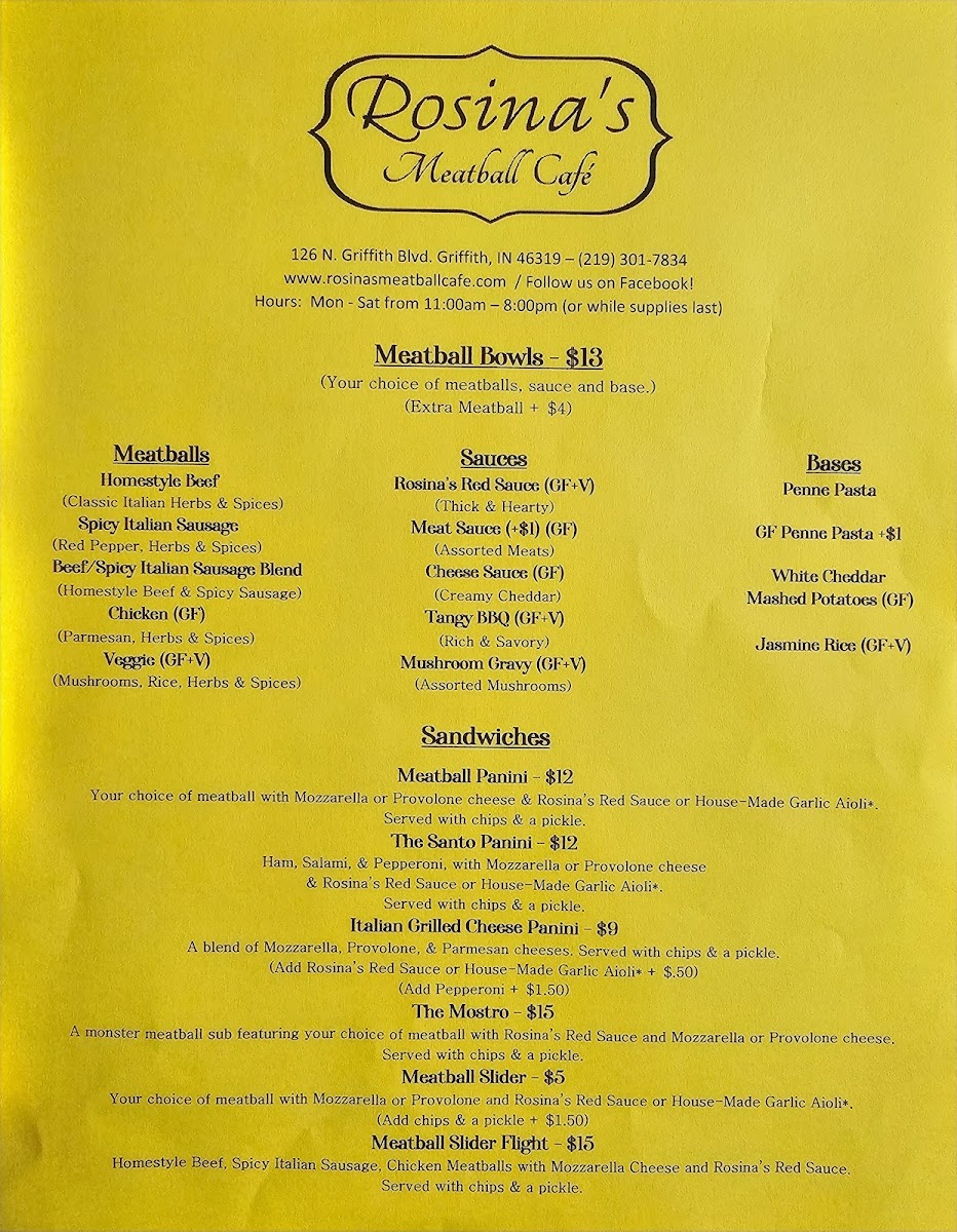 Rosina's Meatball Cafe gluten-free menu