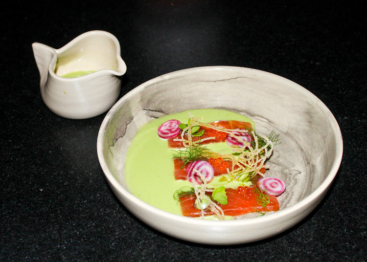 Cured salmon with cucumber gazpacho.