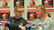 The Emirates Lions head coach Swys de Bruin congratulates Jacques van Rooyen on his 50th Cap during a press conference on 15 February 2018 at Ellis Park.