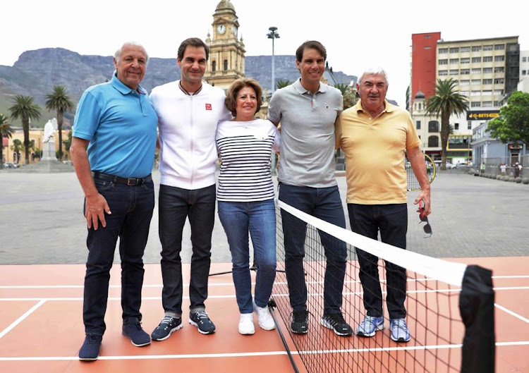 Sebastián Nadal, Roger Federer, Lynette Federer, Rafael Nadal and Robert Federer on the Grand Parade in Cape Town on February 7 2020.