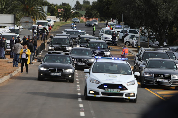 The presidential motorcade during an inspection of the Vereeniging interchange bridge in Bloemfontein before the imbizo on April 9 2022.