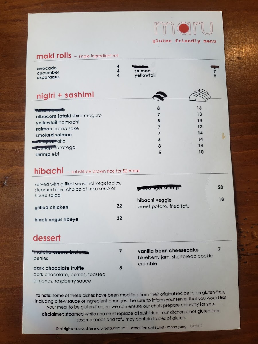 Maru Sushi & Grill gluten-free menu
