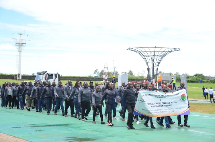 KENGEN workers marching during labor day celebration at Uhuru Gardens in Nairobi on May 1, 2024..